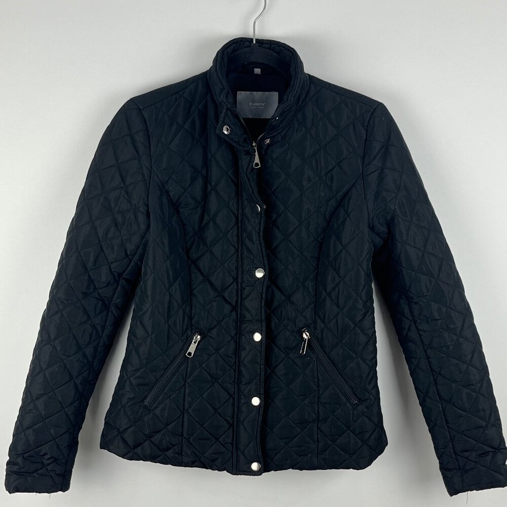 B Young Bomber Jacket Size M 34 Black Long Sleeve Full Zip Lined Argyle Polyeste